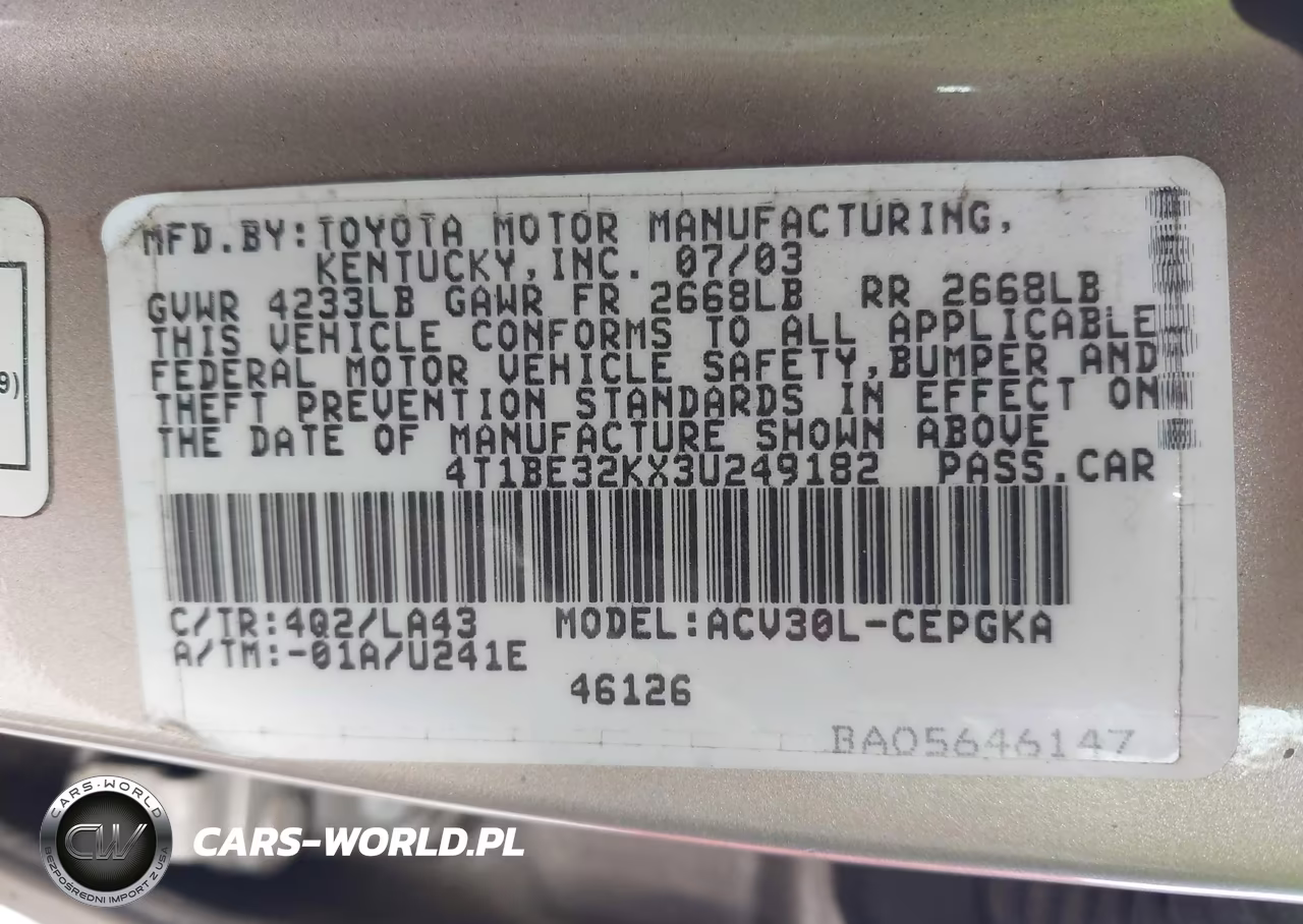 2003 Toyota Camry Xle VIN:4T1BE32KX3U249182 - 9