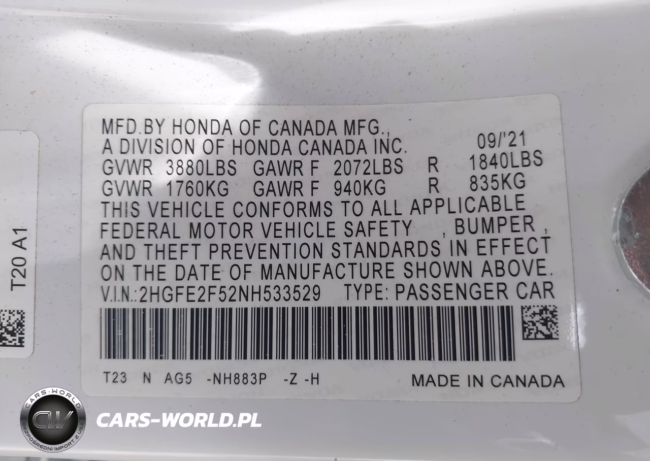 2022 Honda Civic Sport VIN:2HGFE2F52NH533529 - 9