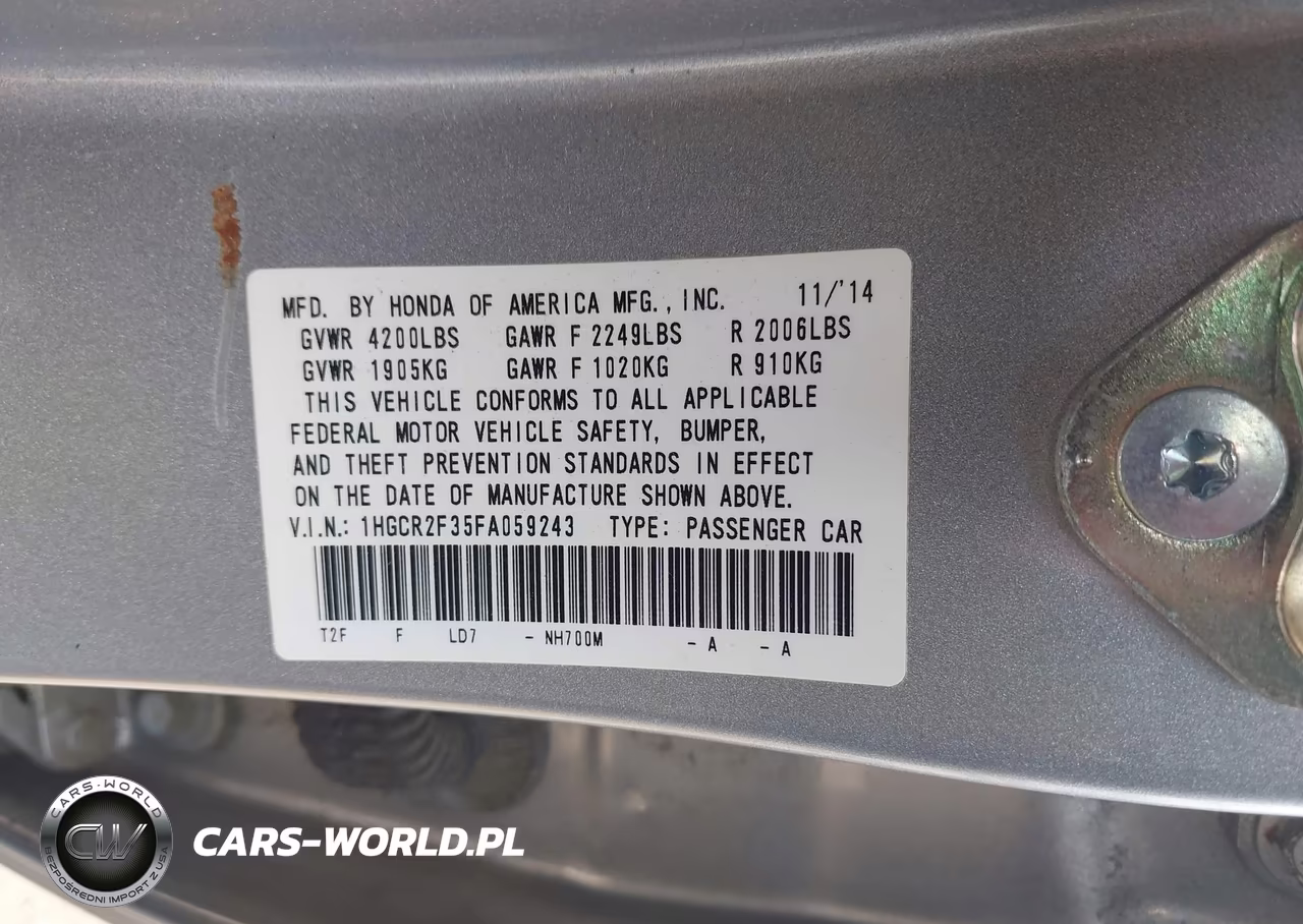 2015 Honda Accord Lx VIN:1HGCR2F35FA059243 - 9