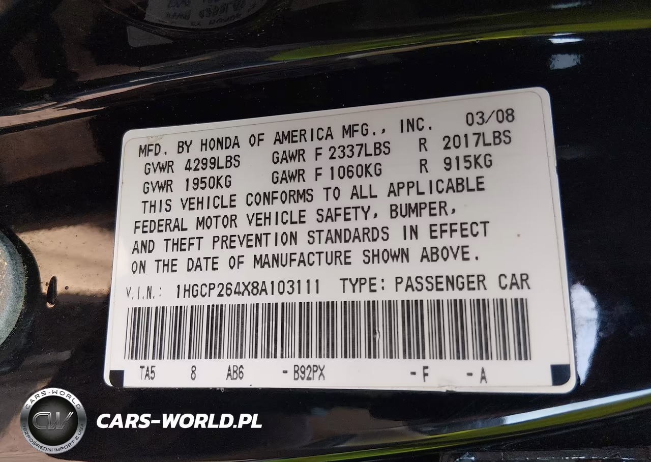 2008 Honda Accord 2.4 Lx-P VIN:1HGCP264X8A103111 - 9