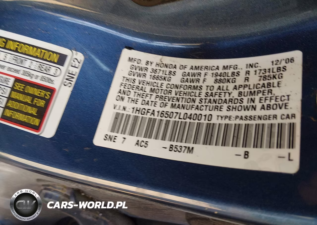 2007 Honda Civic Lx VIN:1HGFA16507L040010 - 9