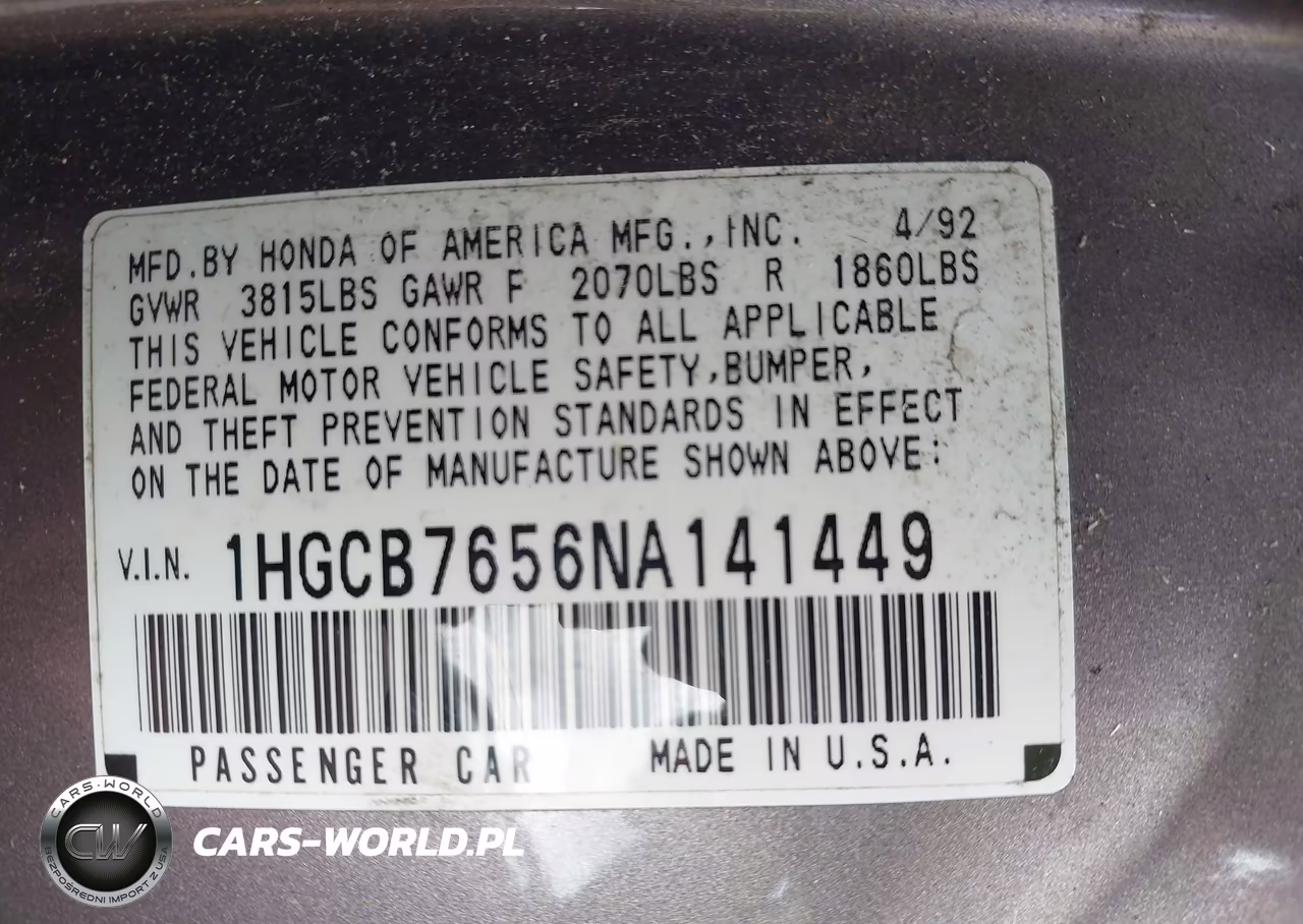 1992 Honda Accord Lx VIN:1HGCB7656NA141449 - 9