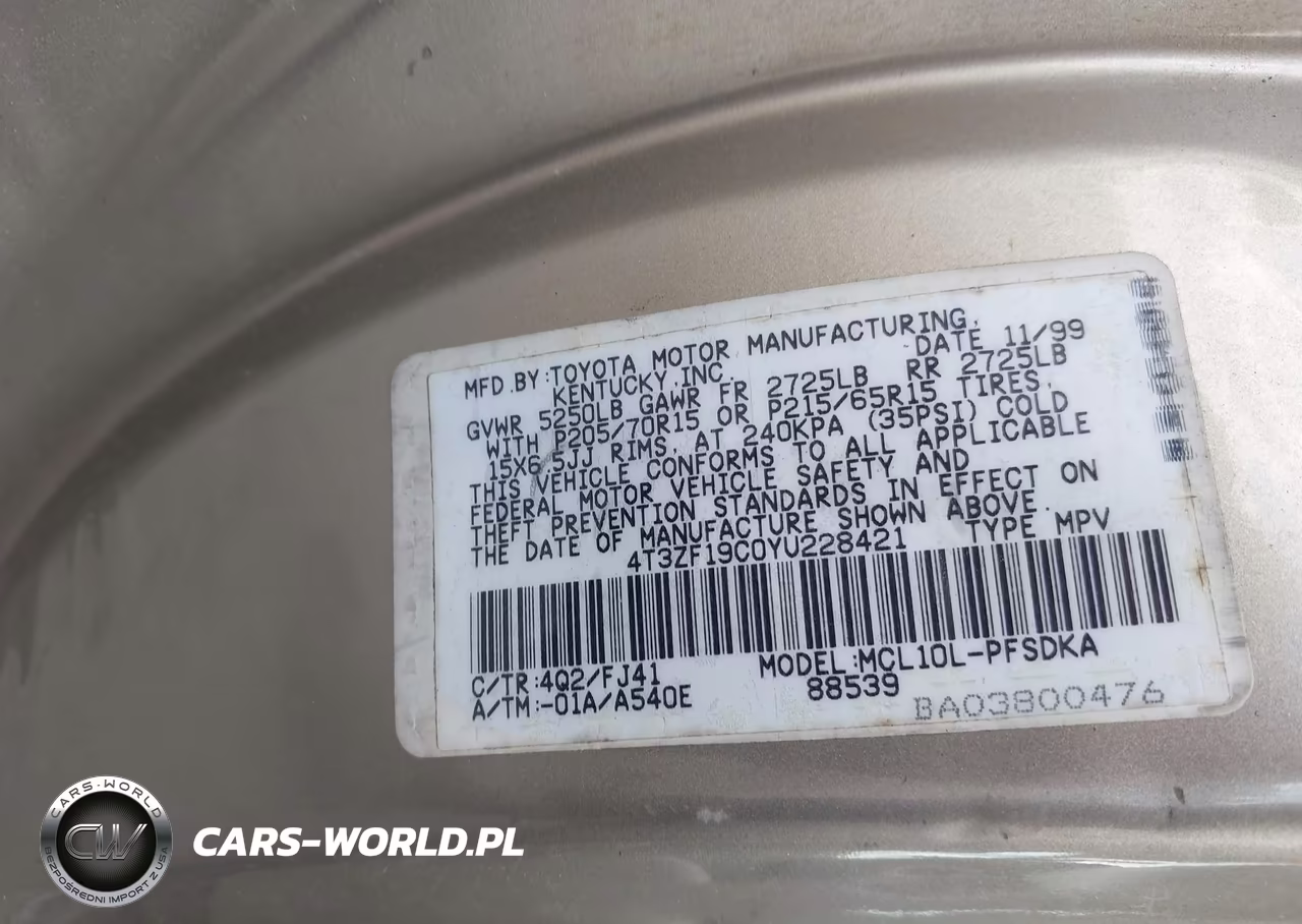 2000 Toyota Sienna Ce VIN:4T3ZF19C0YU228421 - 9