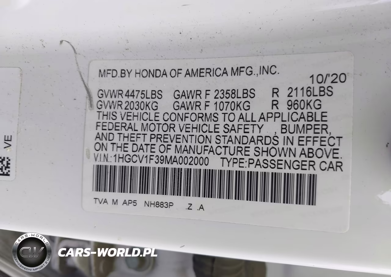 2021 Honda Accord Sport VIN:1HGCV1F39MA002000 - 9