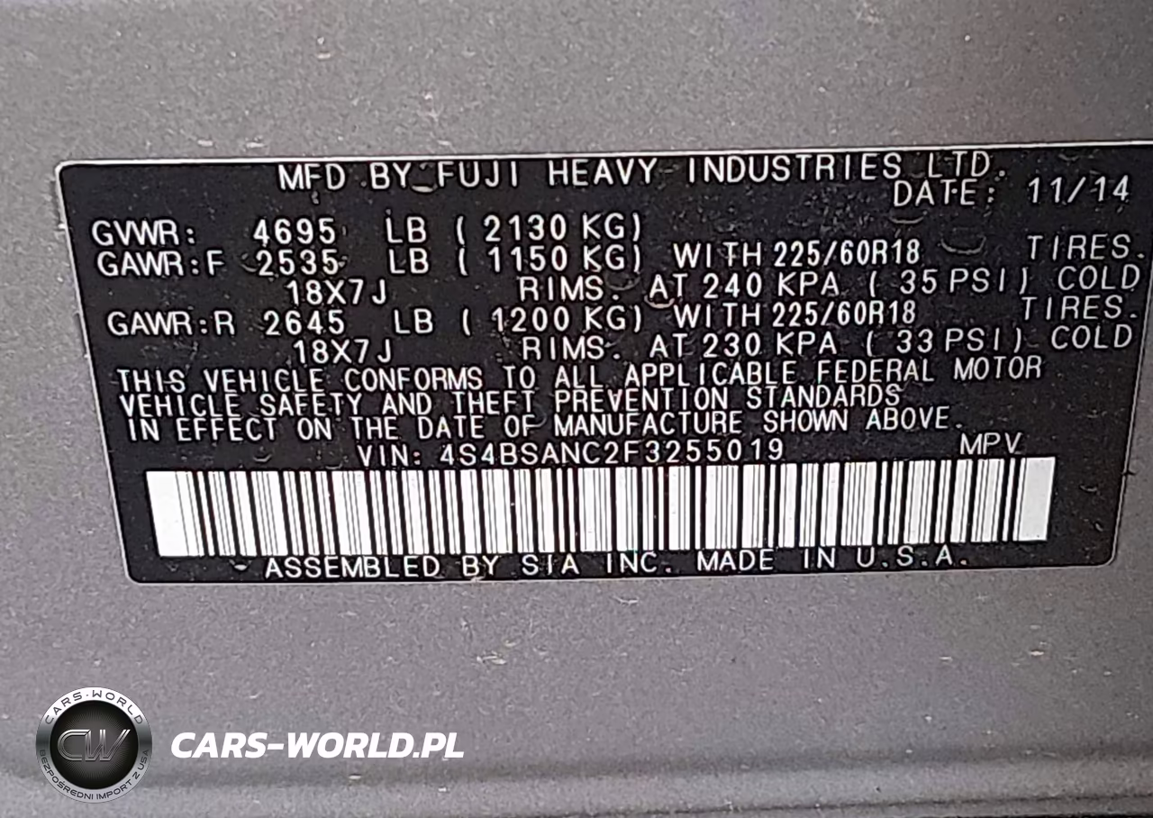 2015 Subaru Outback 2.5I Limited VIN:4S4BSANC2F3255019 - 9
