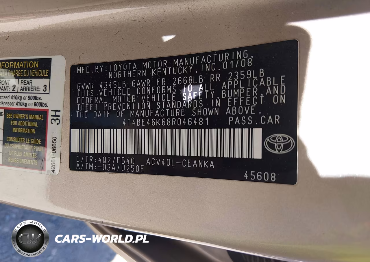 2008 Toyota Camry Le VIN:4T4BE46K68R046481 - 9