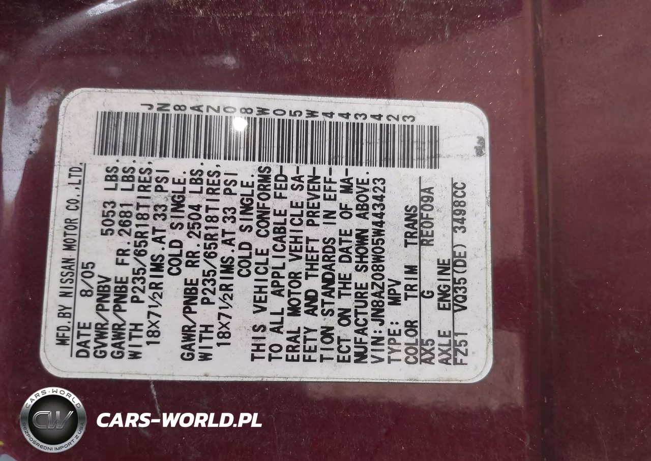 2005 Nissan Murano Sl VIN:JN8AZ08W05W443423 - 9