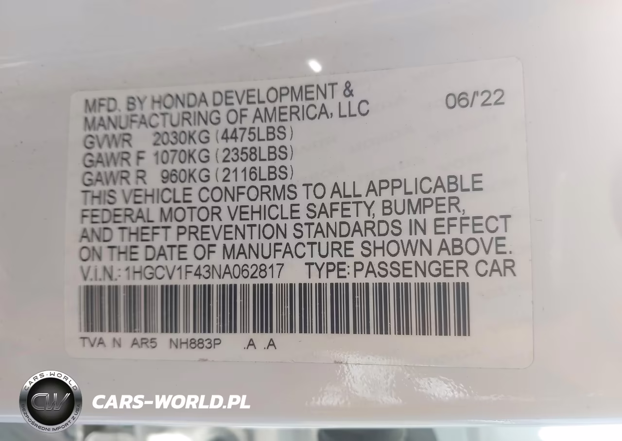 2022 Honda Accord Sport Special Edition VIN:1HGCV1F43NA062817 - 9