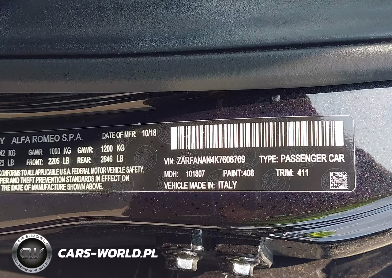 2019 Alfa Romeo Giulia Sport Awd VIN:ZARFANAN4K7606769 - 9