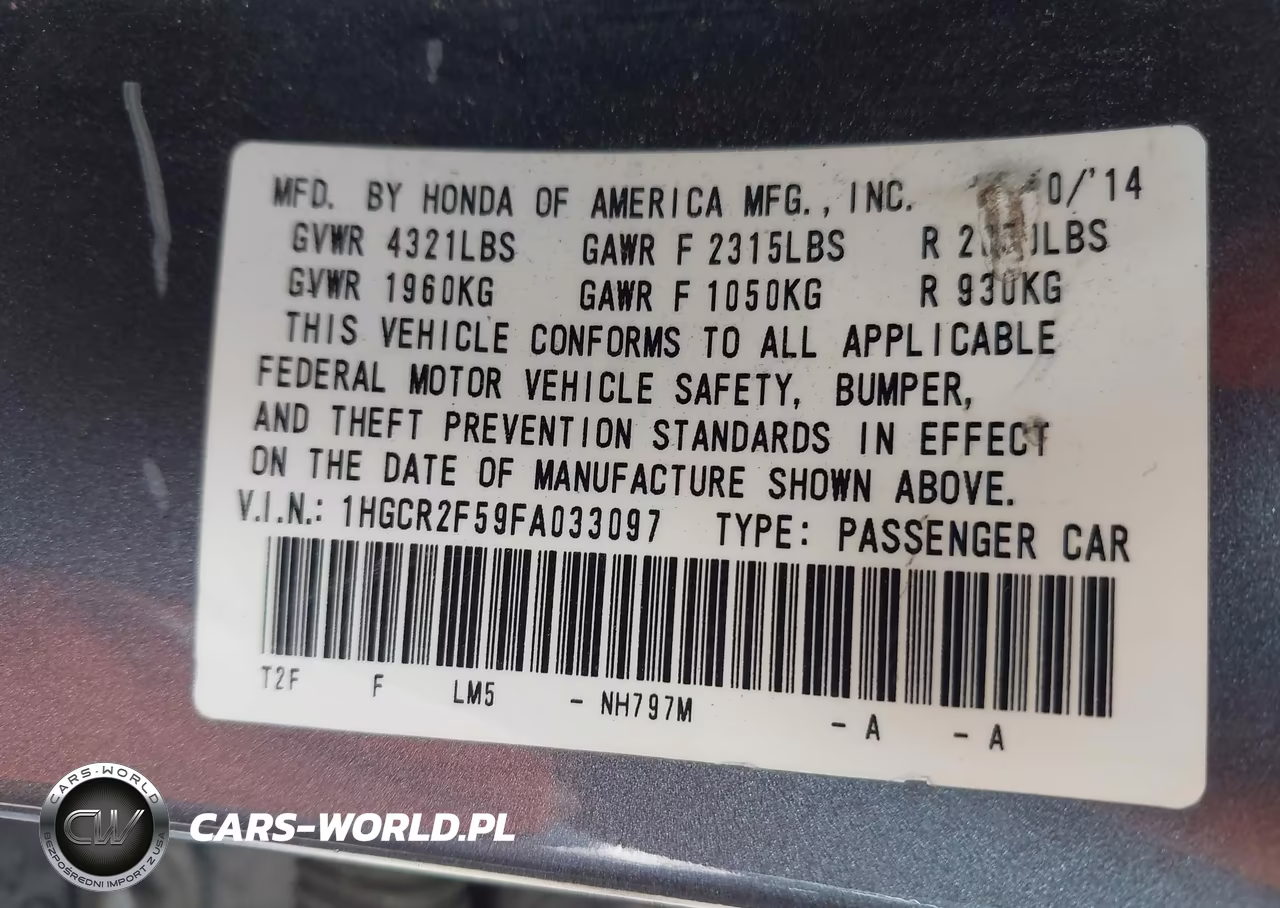 2015 Honda Accord Sport VIN:1HGCR2F59FA033097 - 9