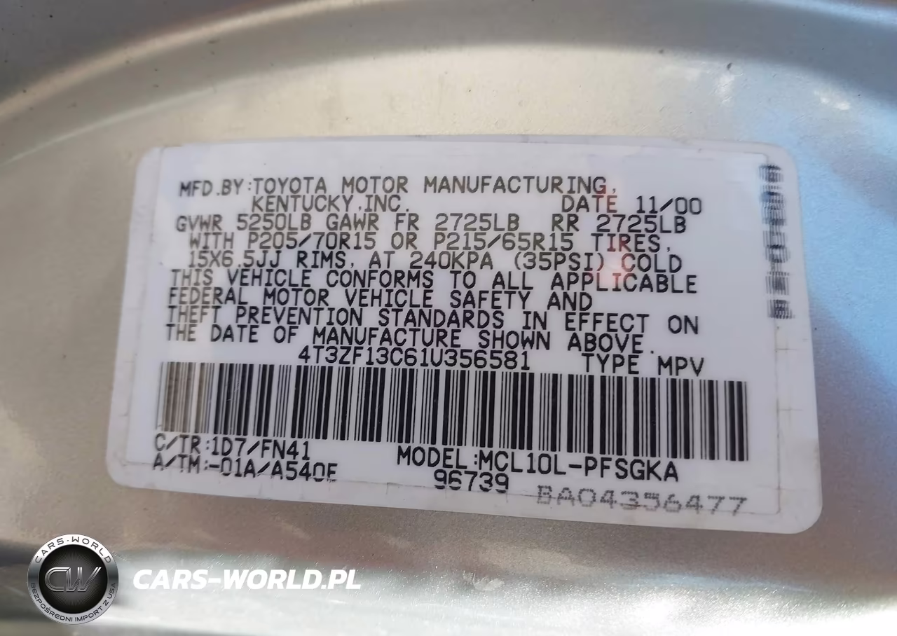 2001 Toyota Sienna Le VIN:4T3ZF13C61U356581 - 9
