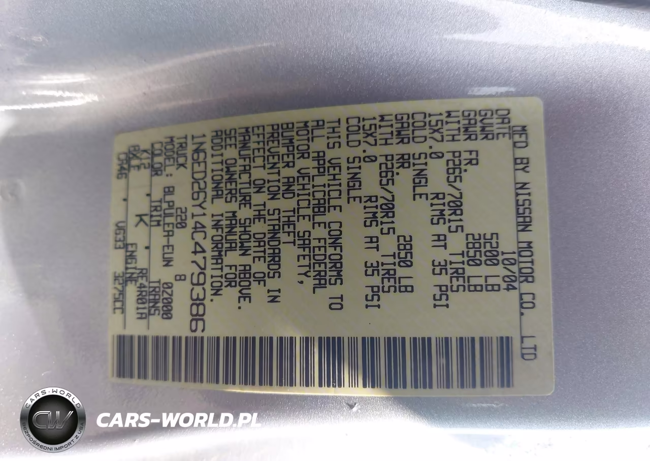 2004 Nissan Frontier Xe-V6 VIN:1N6ED26Y14C479386 - 9