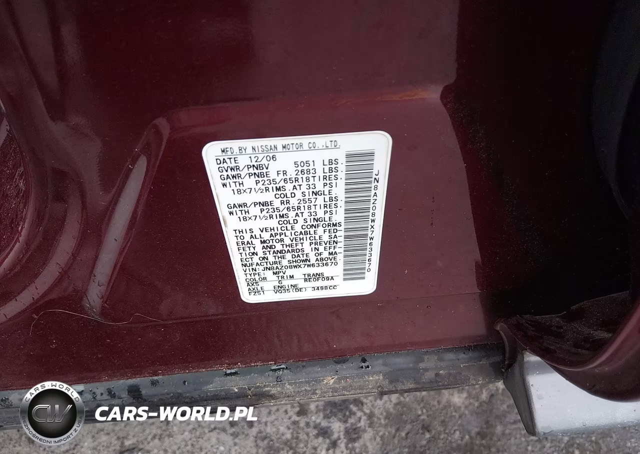 2007 Nissan Murano S VIN:JN8AZ08WX7W633670 - 9
