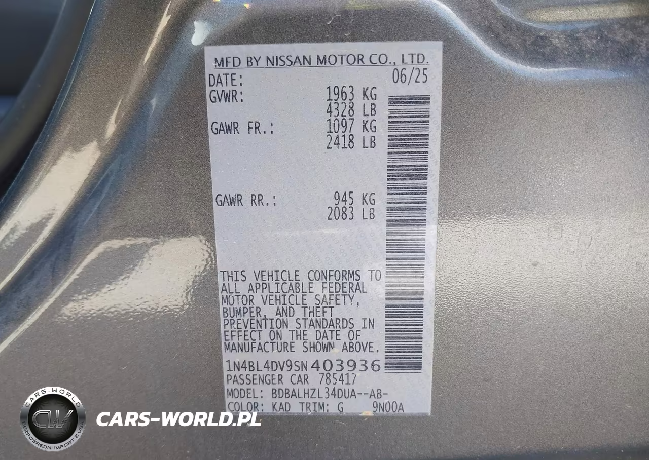 2025 Nissan Altima Sv Fwd VIN:1N4BL4DV9SN403936 - 9