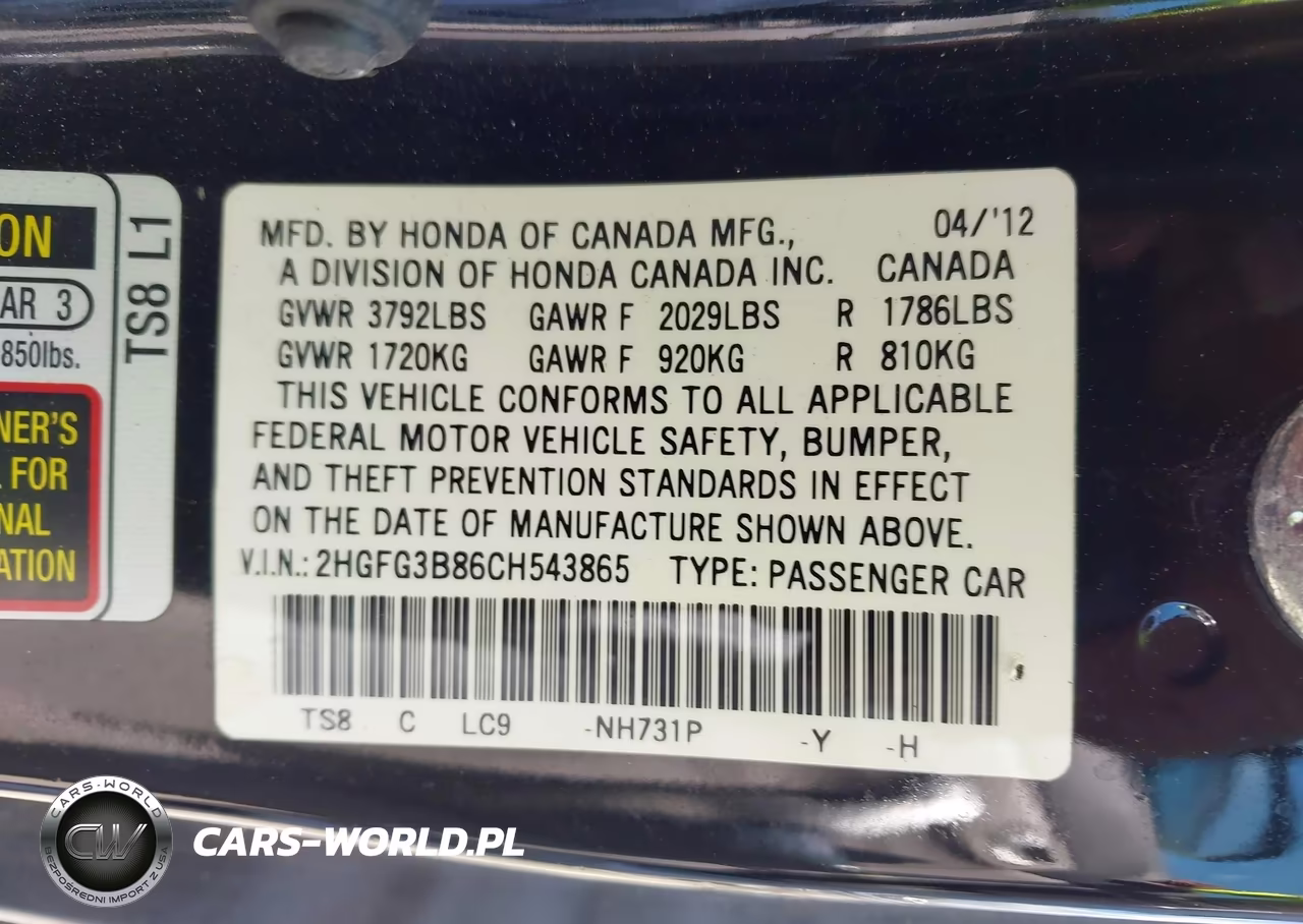 2012 Honda Civic Ex VIN:2HGFG3B86CH543865 - 9