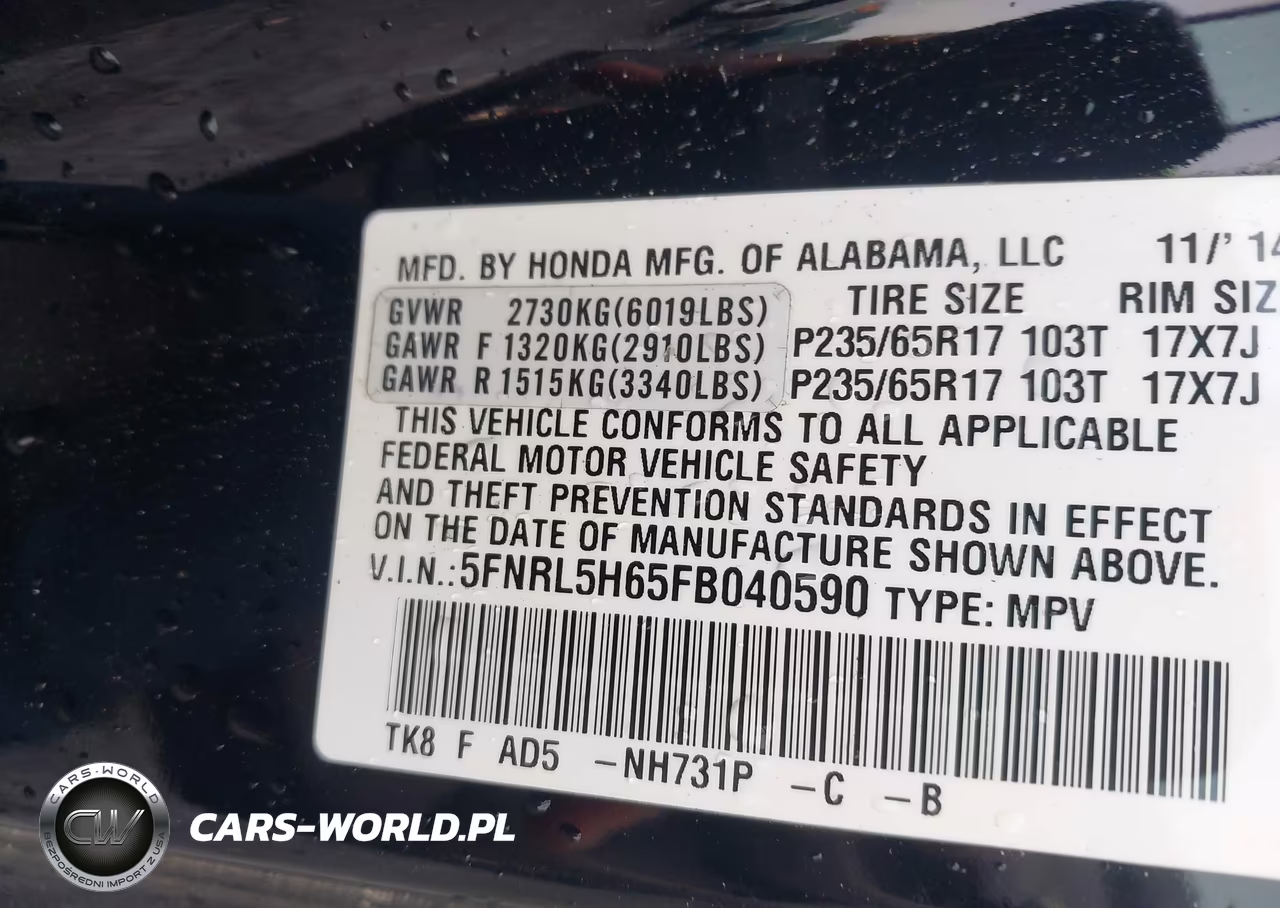 2015 Honda Odyssey Ex-L VIN:5FNRL5H65FB040590 - 9