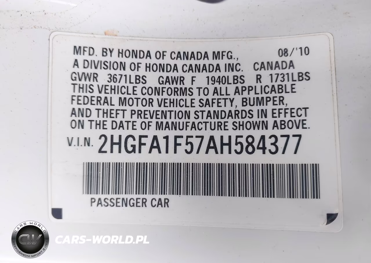 2010 Honda Civic Lx VIN:2HGFA1F57AH584377 - 9