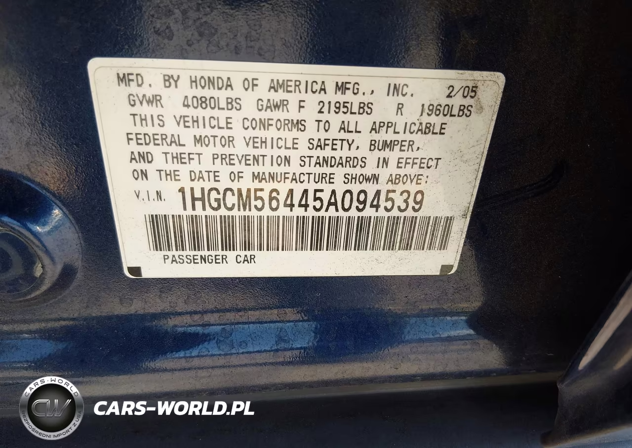 2005 Honda Accord 2.4 Lx VIN:1HGCM56445A094539 - 9