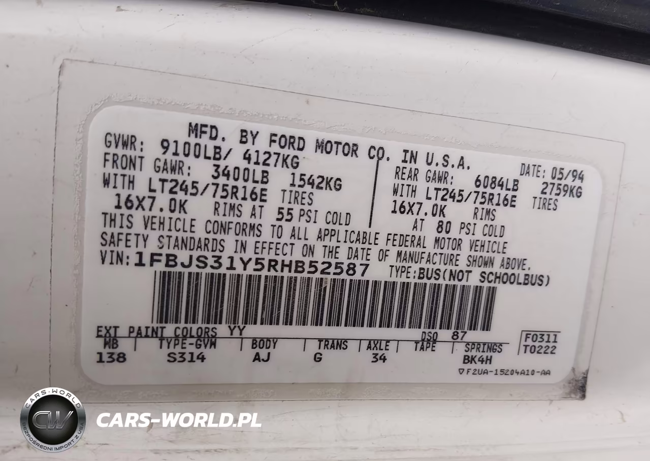 1994 Ford Econoline E350 Super Duty VIN:1FBJS31Y5RHB52587 - 9