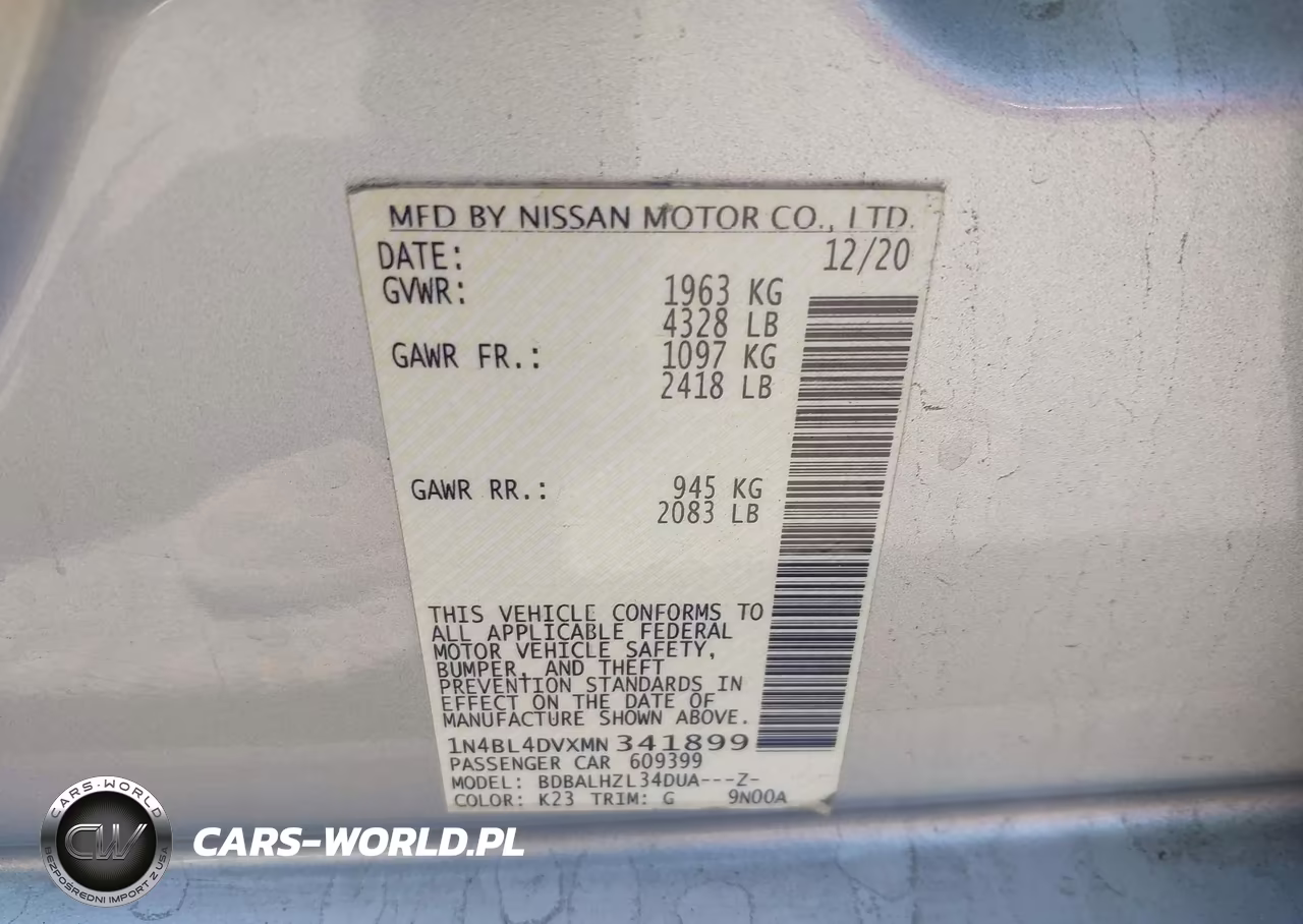 2021 Nissan Altima Sv Fwd VIN:1N4BL4DVXMN341899 - 9