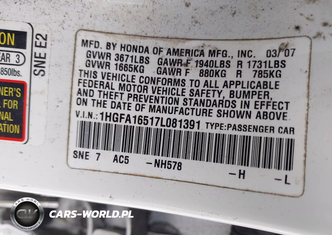 2007 Honda Civic Lx VIN:1HGFA16517L081391 - 9