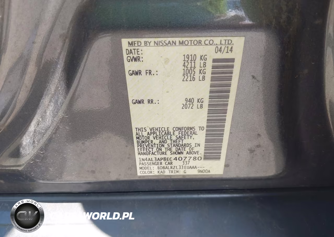 2014 Nissan Altima 2.5-2.5 S-2.5 Sl-2.5 Sv VIN:1N4AL3AP8EC407780 - 9