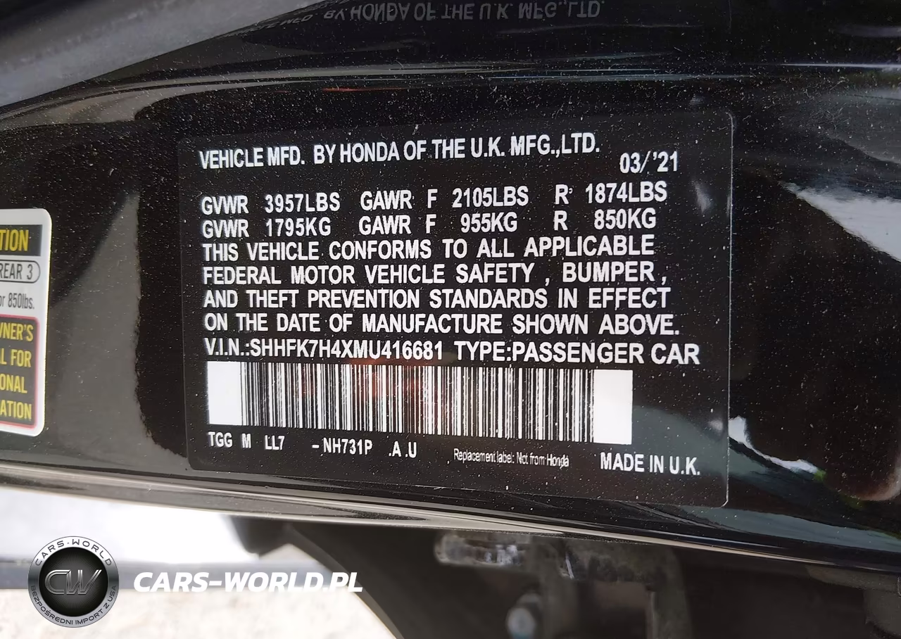 2021 Honda Civic Sport VIN:SHHFK7H4XMU416681 - 9
