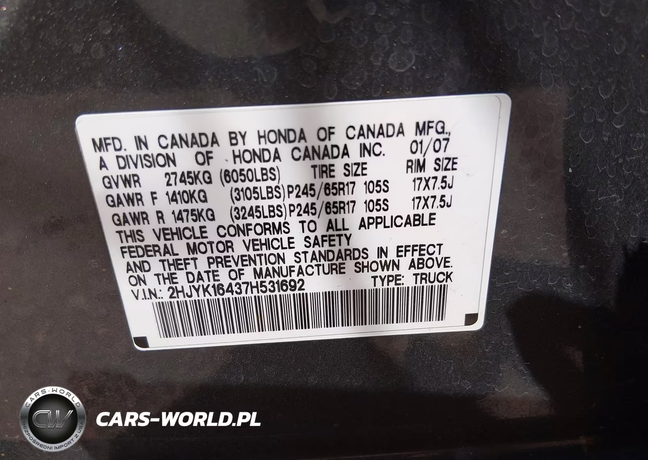 2007 Honda Ridgeline Rts VIN:2HJYK16437H531692 - 9
