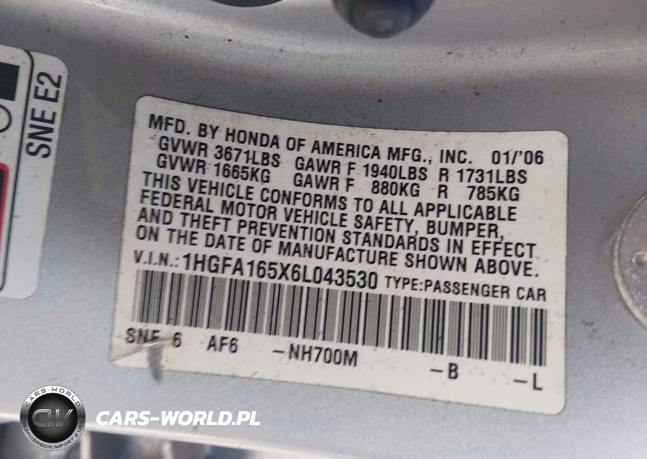 2006 Honda Civic Lx VIN:1HGFA165X6L043530 - 9