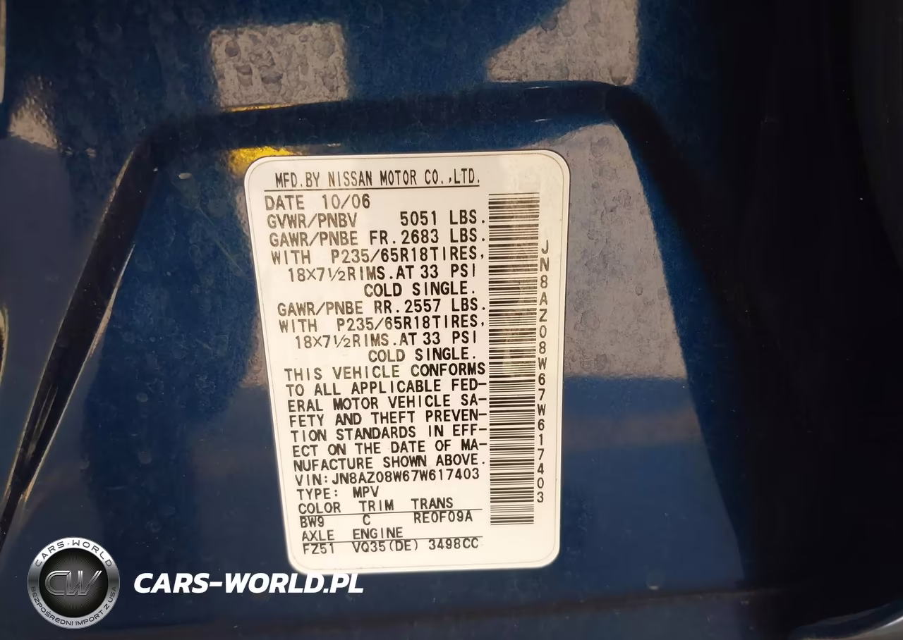 2007 Nissan Murano Sl VIN:JN8AZ08W67W617403 - 9