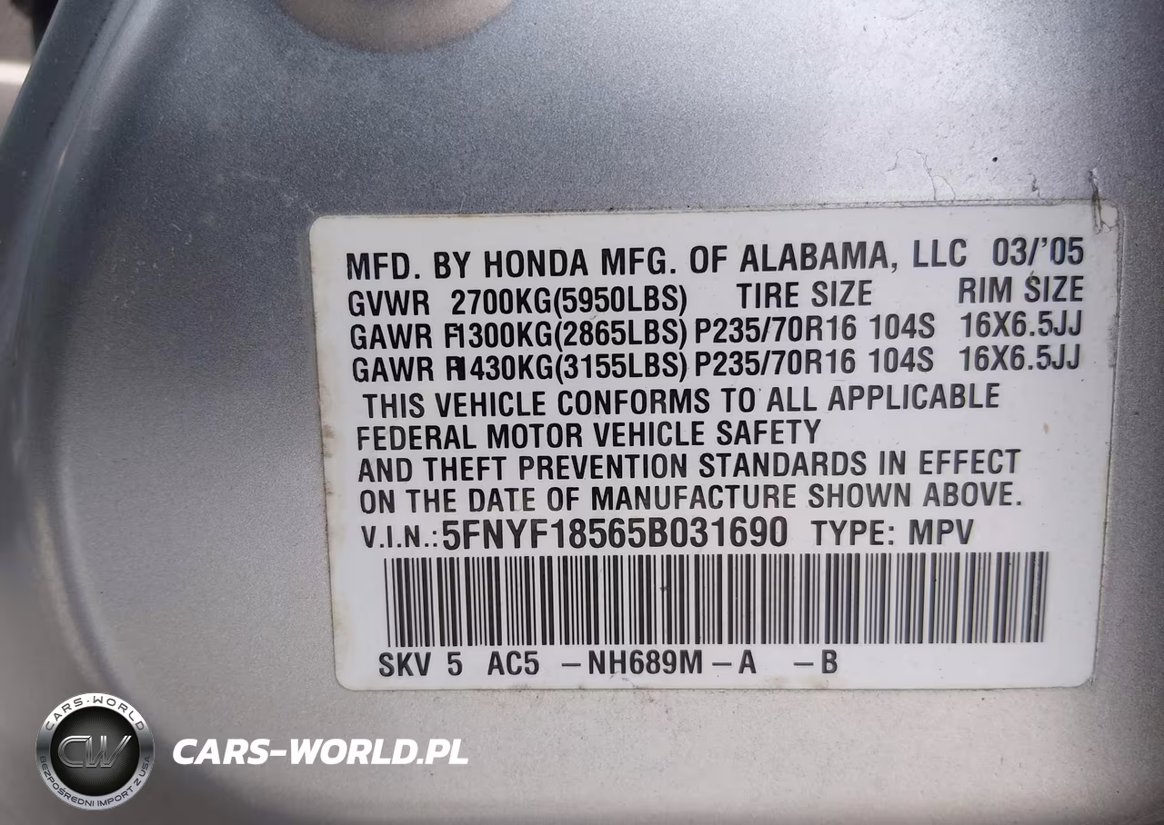 2005 Honda Pilot Ex-L VIN:5FNYF18565B031690 - 9