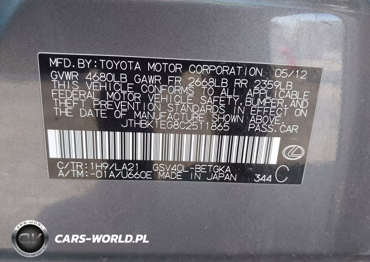 2012 Lexus Es 350 VIN:JTHBK1EG8C2511865 - 9
