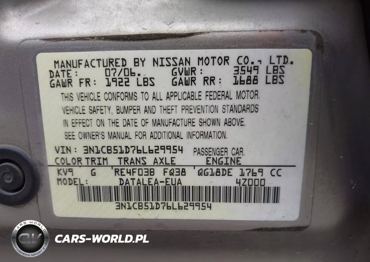 2006 Nissan Sentra 1.8S VIN:3N1CB51D76L629954 - 9