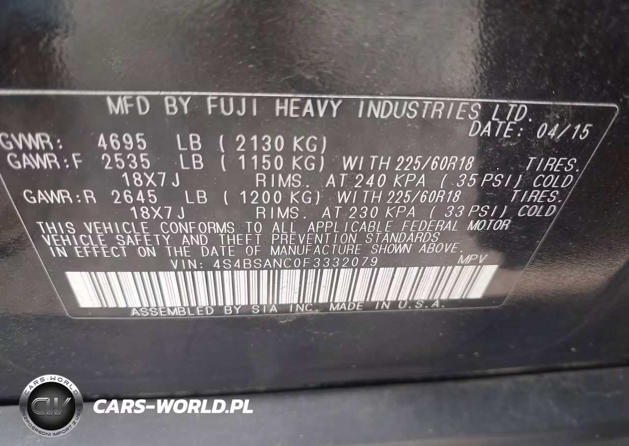 2015 Subaru Outback 2.5I Limited VIN:4S4BSANC0F3332079 - 9