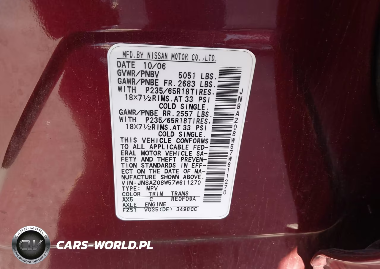 2007 Nissan Murano S VIN:JN8AZ08W57W611270 - 9