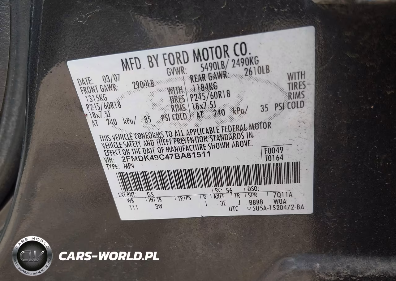 2007 Ford Edge Sel Plus VIN:2FMDK49C47BA81511 - 9