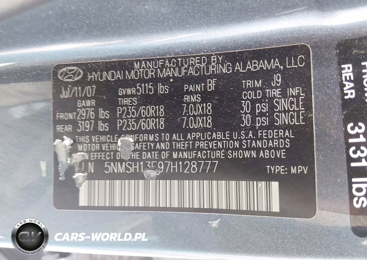 2007 Hyundai Santa Fe Limited-Se VIN:5NMSH13E97H128777 - 9