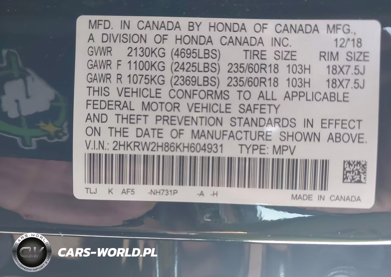 2019 Honda Cr-V Ex-L VIN:2HKRW2H86KH604931 - 9
