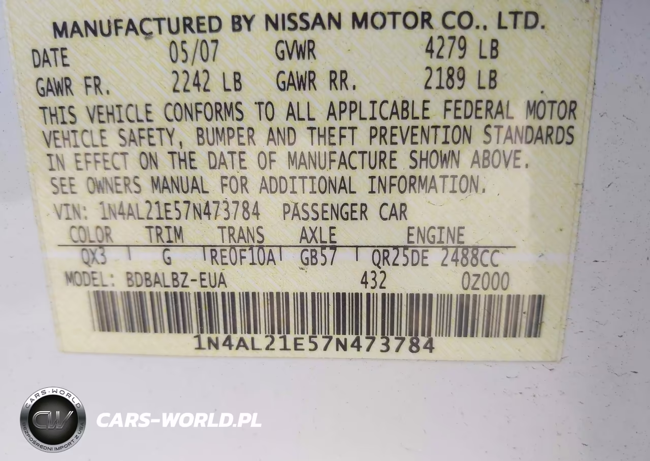2007 Nissan Altima 2.5 S VIN:1N4AL21E57N473784 - 9