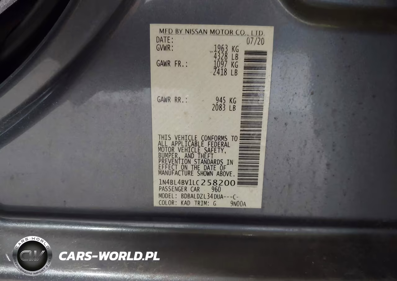 2020 Nissan Altima S Fwd VIN:1N4BL4BV1LC258200 - 9