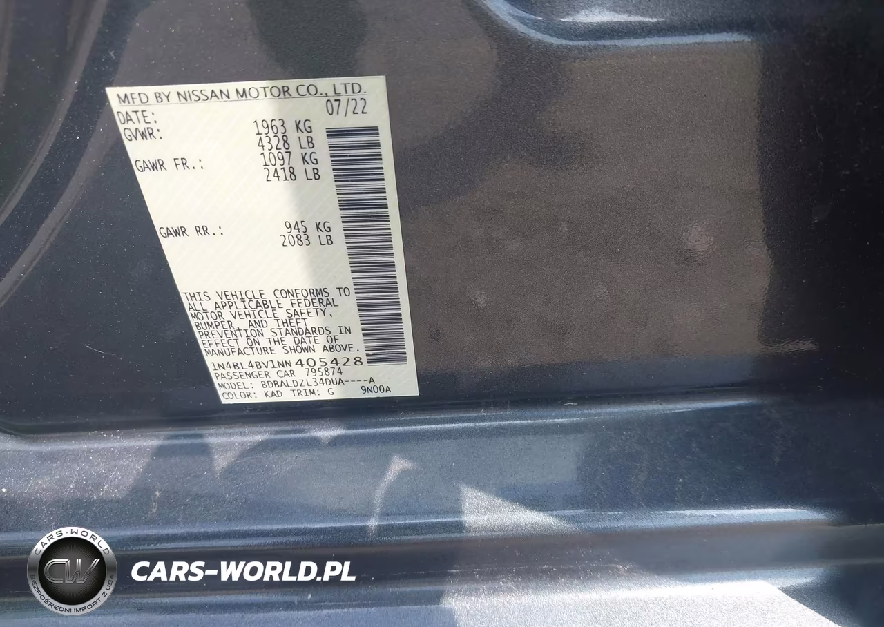 2022 Nissan Altima S Fwd VIN:1N4BL4BV1NN405428 - 9
