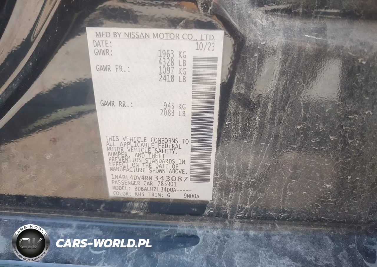 2024 Nissan Altima Sv Fwd VIN:1N4BL4DV4RN343087 - 9
