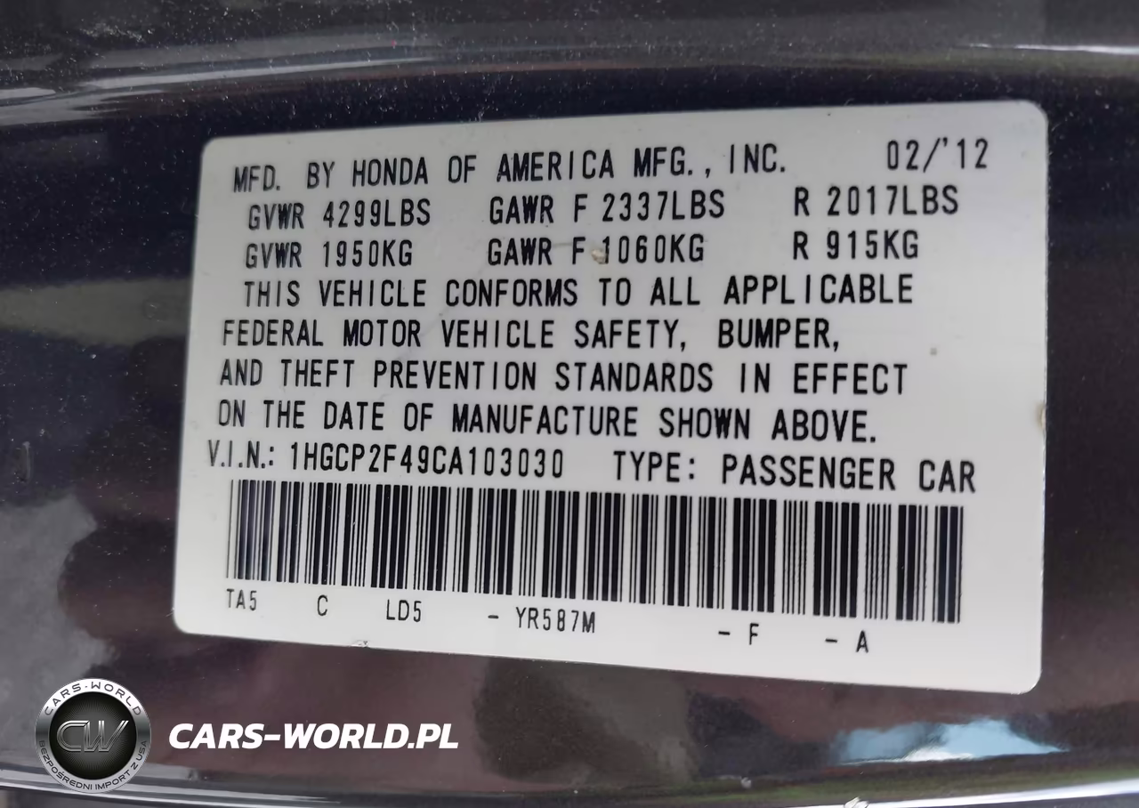 2012 Honda Accord 2.4 Lx-P VIN:1HGCP2F49CA103030 - 9