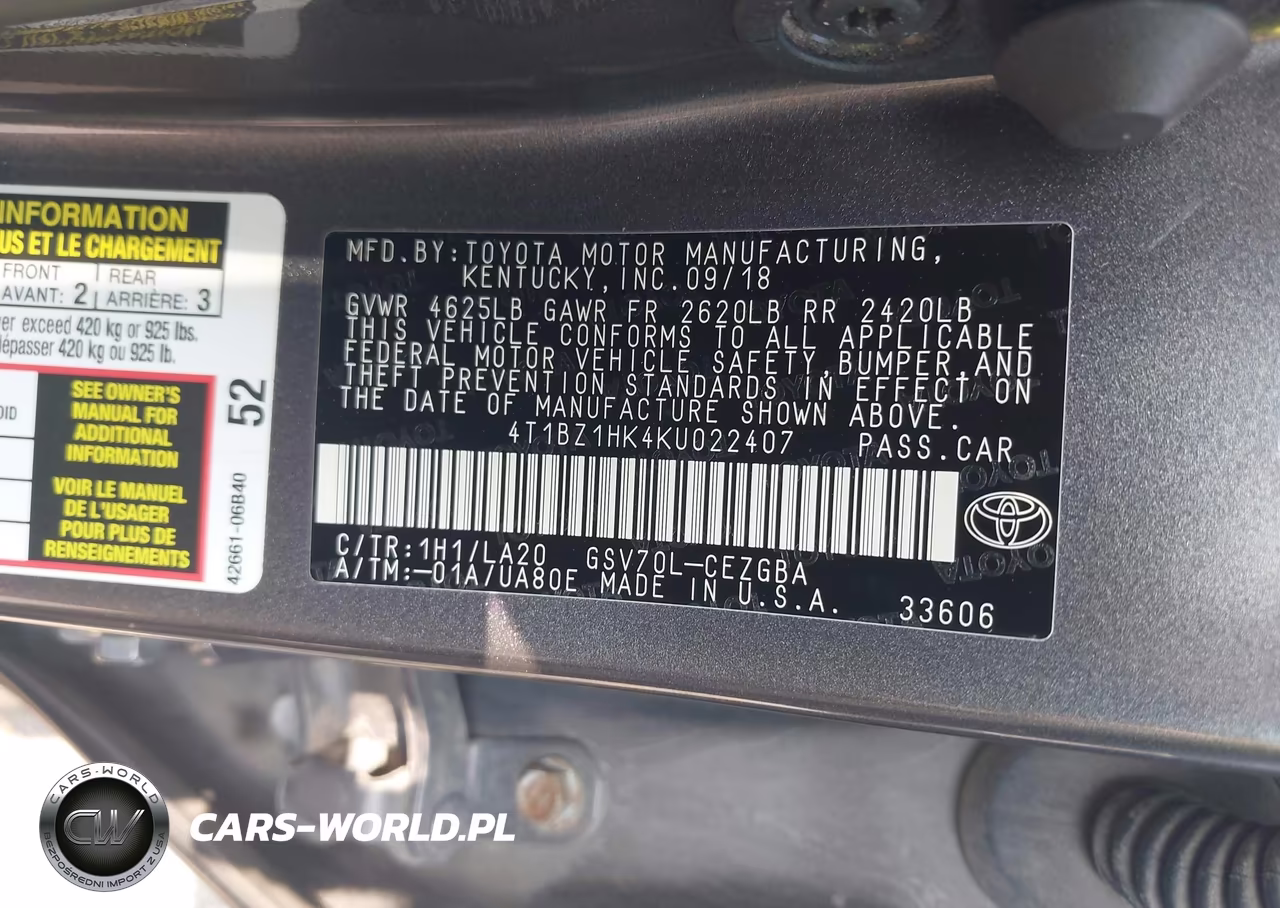 2019 Toyota Camry Xle V6 VIN:4T1BZ1HK4KU022407 - 9