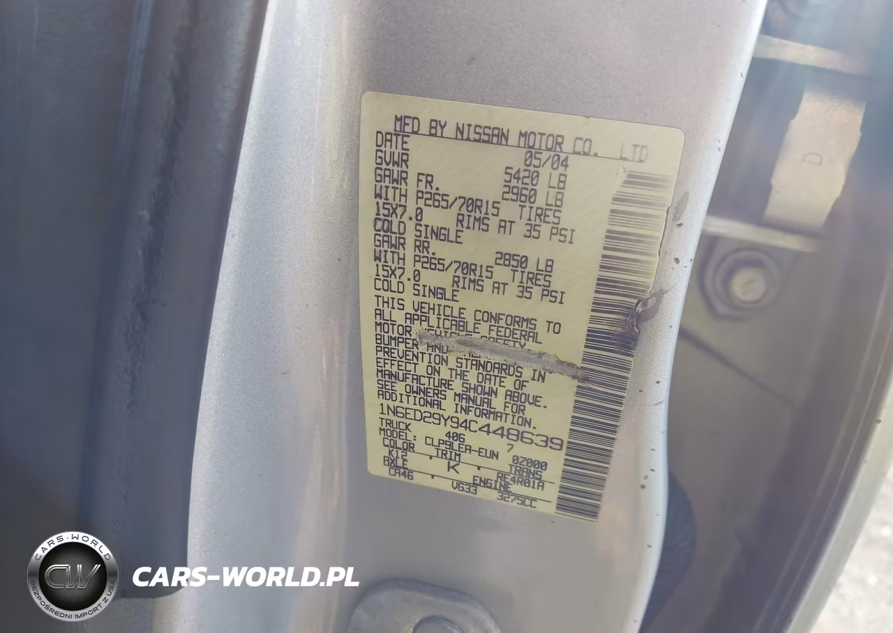 2004 Nissan Frontier Xe-V6 VIN:1N6ED29Y94C448639 - 9
