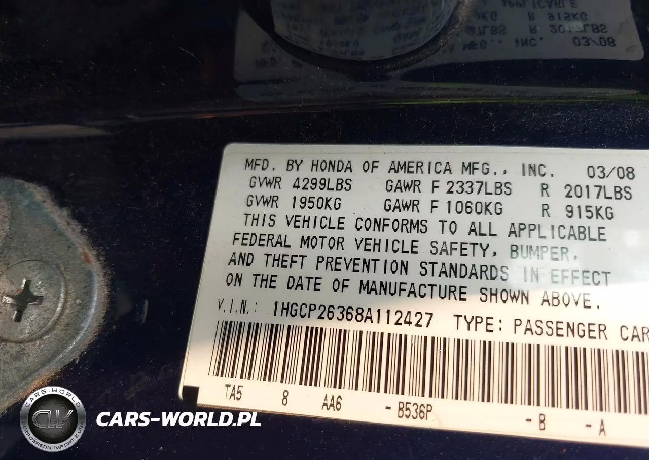 2008 Honda Accord 2.4 Lx VIN:1HGCP26368A112427 - 9