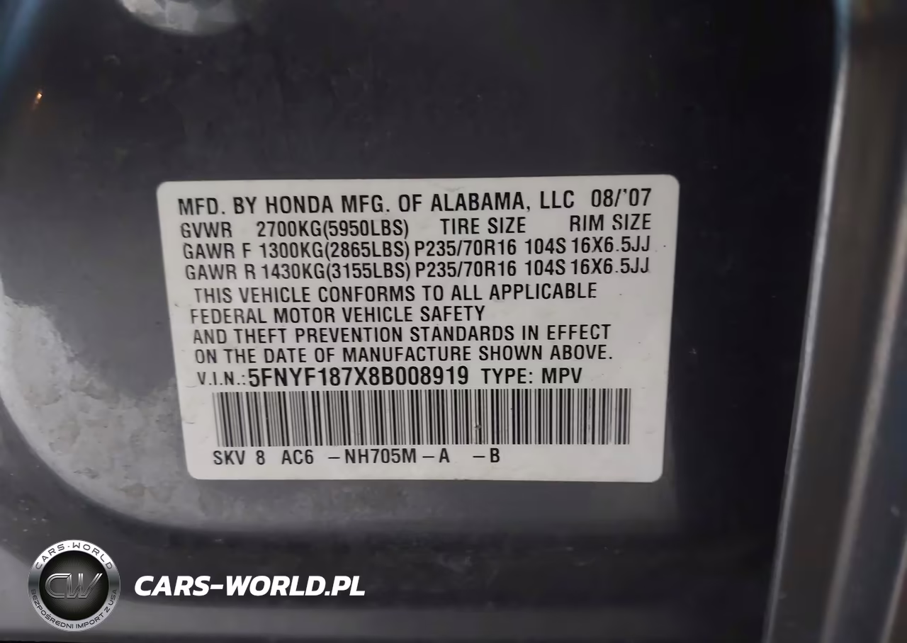 2008 Honda Pilot Ex-L VIN:5FNYF187X8B008919 - 9