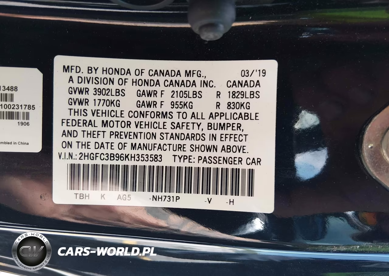 2019 Honda Civic Touring VIN:2HGFC3B96KH353583 - 9