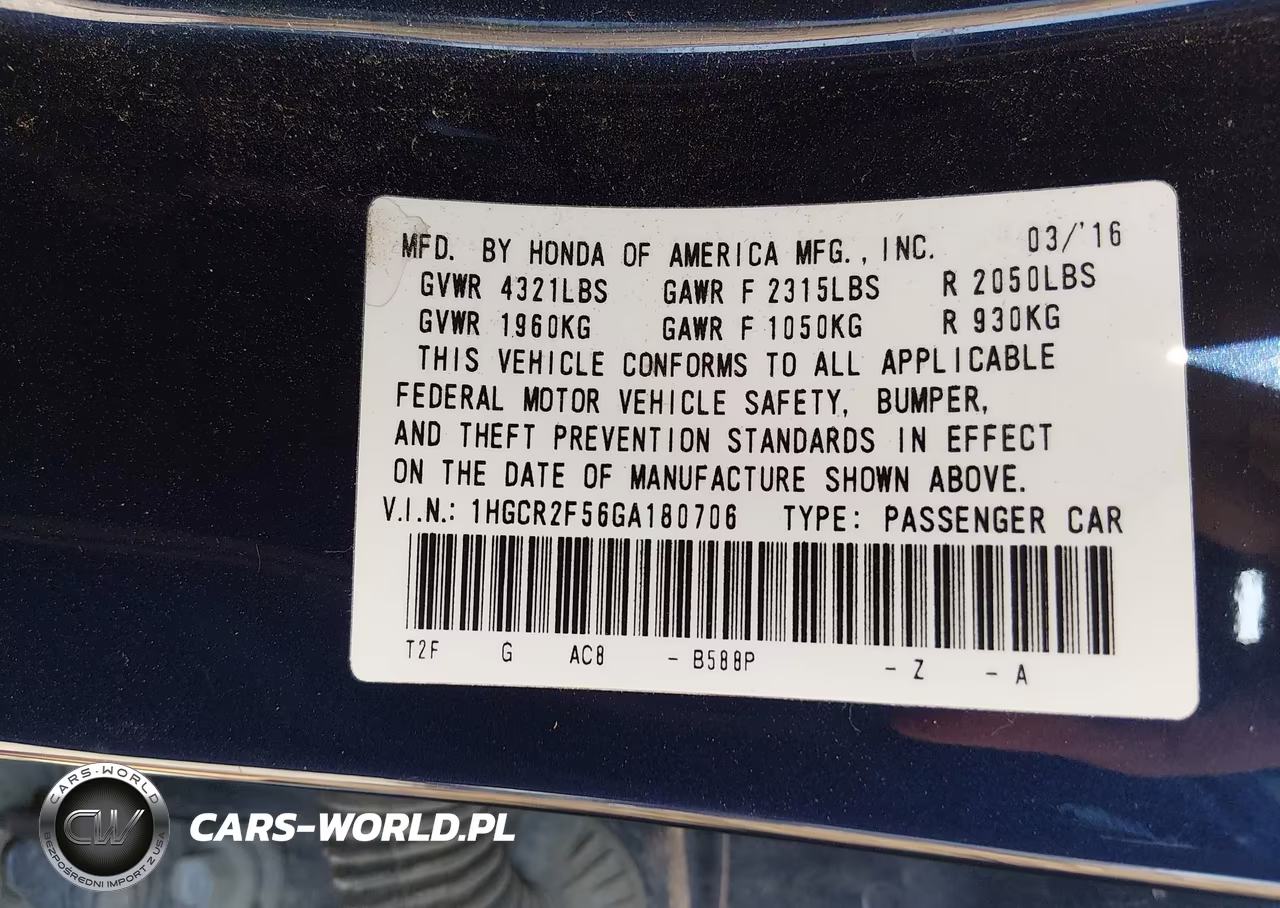 2016 Honda Accord Sport VIN:1HGCR2F56GA180706 - 9