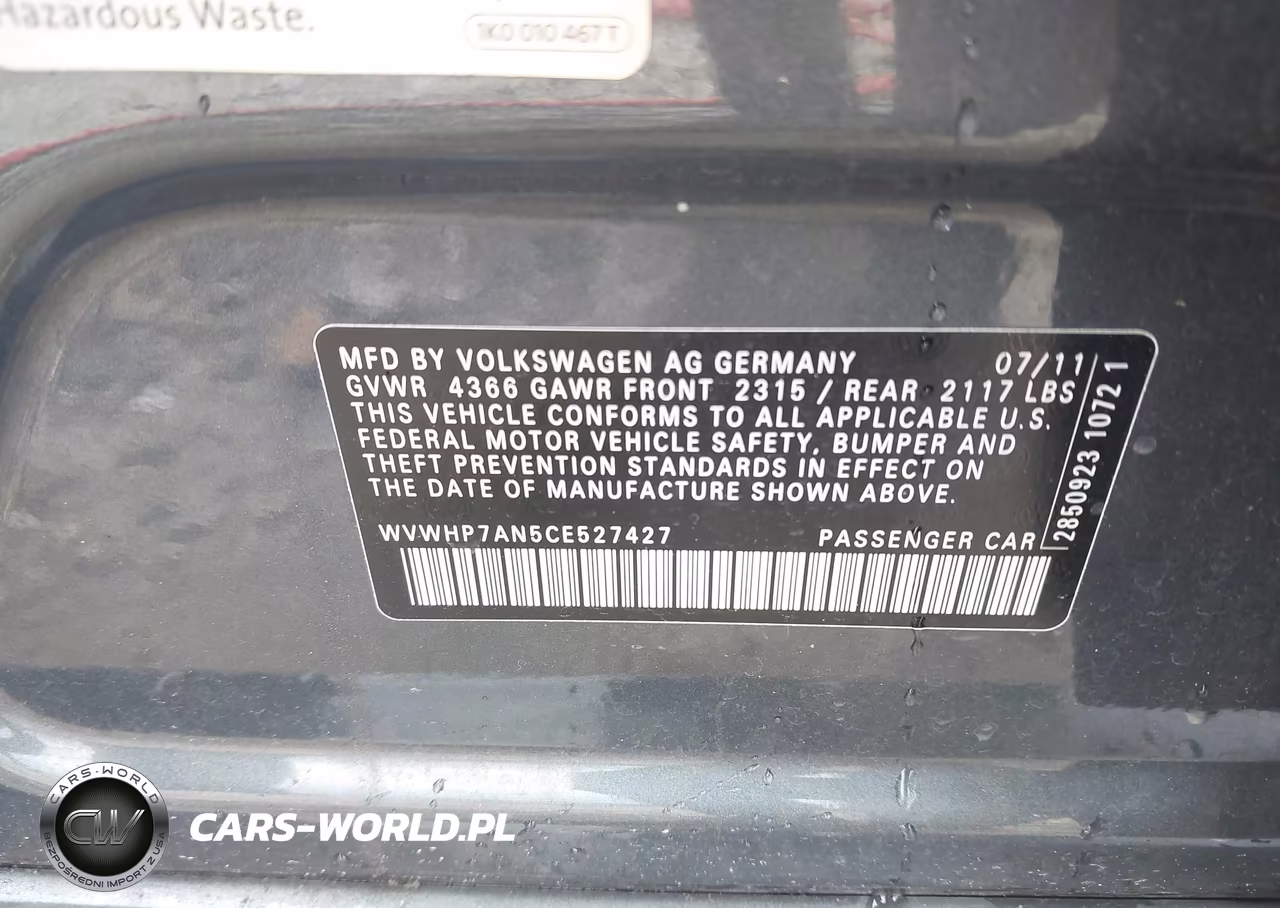 2012 Volkswagen Cc Lux VIN:WVWHP7AN5CE527427 - 9